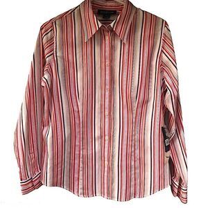 Jones New York petite Button Up Blouse coral stripe career office preppy PL